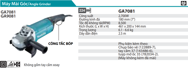 Máy Mài Góc Makita GA7081 (180MM/2700W/CÔNG TẮC BÓP)