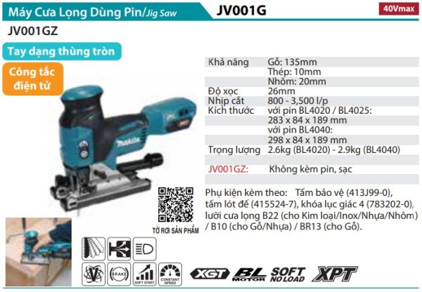 Máy Cưa Lọng Dùng Pin 40V Max Makita JV001GZ